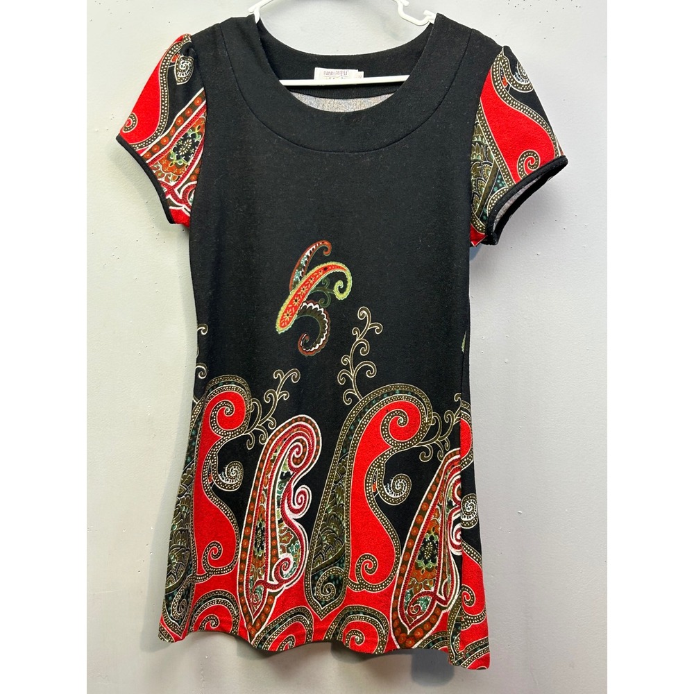 Funky People Mini Dress Womens Medium Black Red Paisley Boho Tunic Short Sleeve